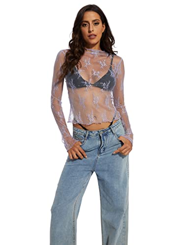 Picpunmak Women See Through Floral Embroidery Long Sleeve T Shirt Sexy Mesh Sheer Mock Neck Layering Lace Tshirt Tee Tops Purple #TOP22