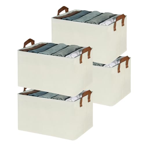 Image of DALUCI Foldable Cloth Organizer for Wardrobe - Fabric Storage Box with Metal Frame & Handles - Collapsible & Foldable Storage Box and Organiser for Clothes, Sarees, Towels - (Beige, Pack of 4)