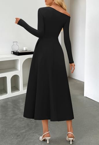 MEROKEETY Women's Fall Long Sleeve Midi Maxi Dresses 2025 One Shoulder Elegant Formal Pleated Cocktail A Line Dress4