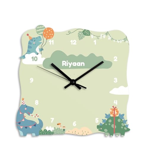Image of Zooboo Personalized Analog Wall Clock, Custom Name Acrylic Silent Quartz Movement Wall Clock with Sleek Modern Design, Ideal for Birthdays or Return Gifts (Design - Dino Party), 30x30 cm, Multicolor