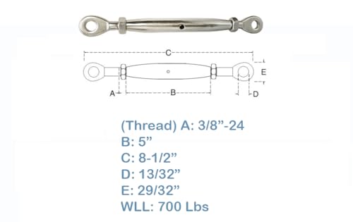 Tensor de cuerpo cerrado para cables Marine SS 316 3/8'' con ojo en ambos extremos miniatura 4