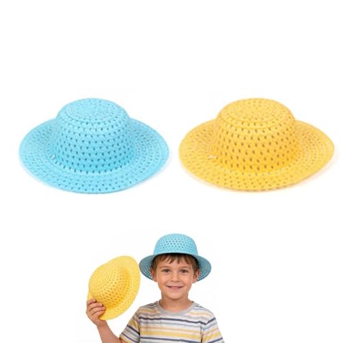 AYZDJ Juego de 2 sombreros de paja de Pascua, azul y amarillo, sombreros de manualidades para niños, sombrero de sol para decoración de desfiles de Pascua y decoración de fiestas, kit de manualidades