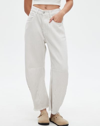 Kedera Women Stripe Barrel Jeans Casual Loose Denim Jeans Wide Leg Baggy Pants Mid Waist Boyfriend Jeans Y2k2