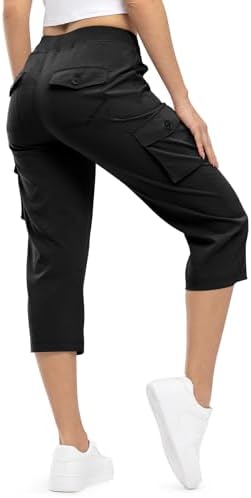 TBMPOY Womens Cargo Capris Hiking Lightweight Pants 6 Pockets Quick Dry Casual Outdoor Trip Loose Shorts Cropped Cotton Black L
