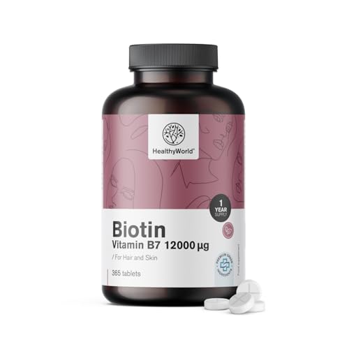 HealthyWorld Biotina 12000 µg - Vitamina B7-365 comprimidos - Alta concentración - Para el crecimiento del cabello, las uñas y la piel - Vegetariano y sin OMG - Suministro para todo el año