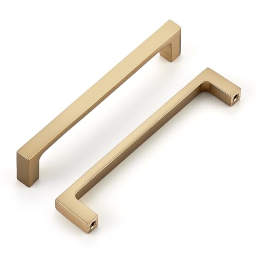 Image of Ravinte Champagne Bronze Kitchen Cabinet Solid Handles,5 Inch,5 Pack | Solid Zinc Alloy, Modern Slim Style, Square Design, Deep-Thread Firm Base, Screws Included, for Kitchen Drawers & Cupboards