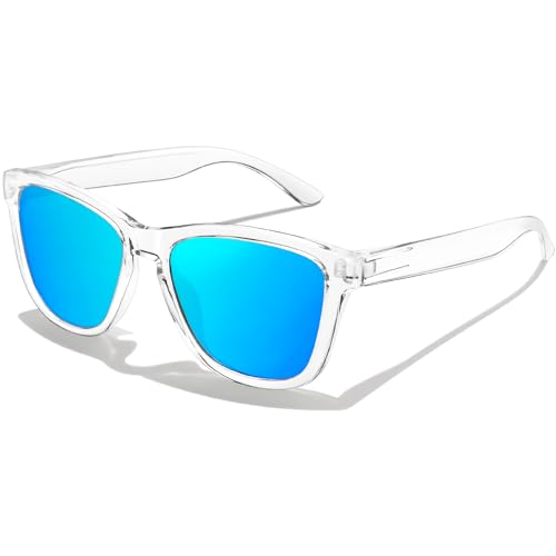 KANASTAL Lunettes de Soleil Homme Polarisées Lunette de Soleil Miroir Bleu Carré Mode Style Transparente Monture 100% UV400