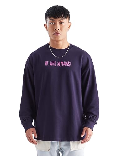 Image of The Souled Store Marvel: Kang Conqueror Mens Oversized Fit Graphic Printed Full Sleeve Cotton Purple Oversized Full Sleeve T-Shirts