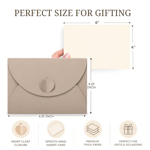 Image of TOWNBUS -Pack of 30 - Heart Clasp Envelope Set with Blank Cards - 6.25 x 4.25 Inch(15.8 x 10.7 cm) Premium Heavyweight Kraft Invitation Envelopes for Weddings-Cappuccino
