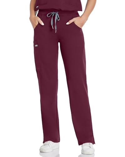 Image of COMENII Scrubs for Women, Knit Yoga Waistband Straight Leg Cargo Pants, Classic Fit Womens Scrubs Pants-T-Burgundy XXL