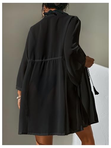 SHENHE Women's Beach Kimono Swimsuit Cover Up Tassel Tie Front Lace Trim Flowy Beach Coverups3