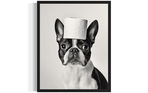 Image of Boston Terrier Funny Bathroom Black Framed Wall Art Print Poster, Dog Pet Lover Picture Painting Artwork Bedroom Living Room Office Dining Room 150D (Boston Terrier Funny Bathroom, 10 inchL x 8 inchW, Black Frame)