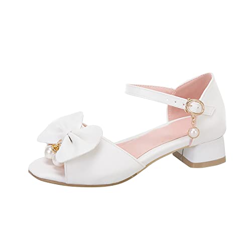Girls Bowknot Heels Dress Sandals Flower Girls Princess Open Toe Mary Jane Buckle Strap Wedding Party Pumps Shoes