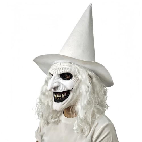 BEENODI Scary Witch Mask Set Pointed Nose Evil Grin Realistic Texture Latex Material One Size White Skin Perfect for Halloween Cosplay and Masquerade Party