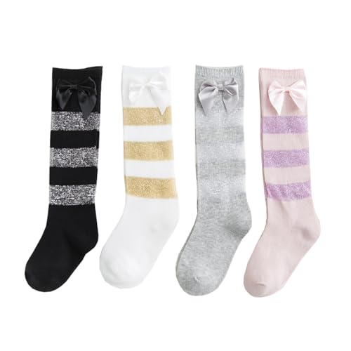 4 Pairs Kid Girls Knee High Socks with Bow Comfortable Long Stockings Toddler Girls Cute Princess Dress Socks