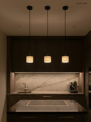 Image of Pendant Lamp 8 Inch Drum Linen Fabric Hanging Light for Ceiling, Beige Color, | Lampshade Hanging Light for Living Room, Bedroom, Cafe & Home Decoration