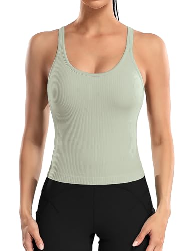 ATTRACO Women Seamless Workout Crop Tops Ribbed Athletic Tank with Built in Bra Green S