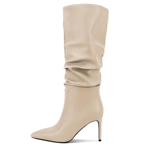 Zamikoo Slouchy High Heel Boots for Women, Knee High Stiletto Heel Boots, Pointed Toe Slouch Stretch Tall Boots Pull On 3.5 Inches