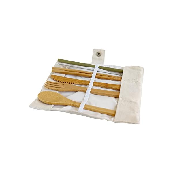 Eßbesteck aus Bambus Picknick und Reise Besteck-Set mit Tasche | Camping Geschirr, Reisebesteck, Zero Waste besteck | Löffel, Gabel, Messer, Eßstäbchen & Strohhalm | Mit Bestecktasche – Bild 4