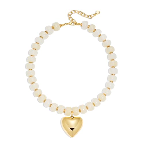 WOWORAMA Beaded Heart Chunky Necklace for Women Cream White