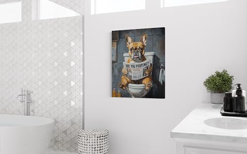 Image of French Bulldog on Toilet Wall Art Print Canvas Wrapped, Dog Bathroom Humor Decor Posters Prints for Restroom Home Picture Painting Artwork Gallery 7 (French Bulldog, 20 inchL x 16 inchW CANVAS, Wrapped Canvas)