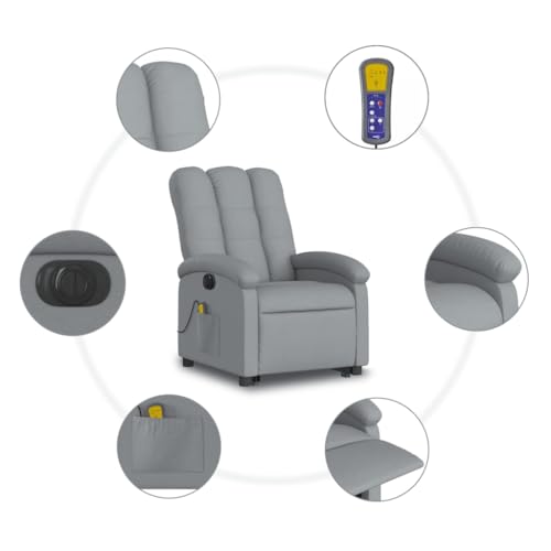 SKTQYQO Elektryczny fotel z masażem i funkcją odchylania, jasnoszara tkanina, 6 punktów wibracji, automatyczne podnoszenie, stabilna rama z drewna i metalu