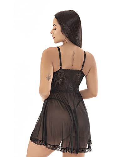 Camisola IMI Lingerie Aberta Fenda Tule Renda Calcinha Fio Dental Louise cor:Preto;tamanho:G