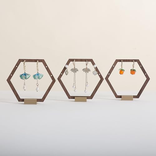 GemeShou 3 個の小さくて可愛い女の子用イヤリングホルダー、ウォールナットイヤリングスタンドとディスプレイ、木製のミニイヤリングハンガーで各 6 ホール【六角形フレーム-3 個】
