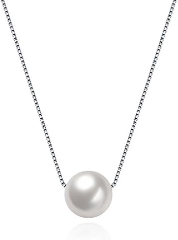 SWOPAN 925 Sterling Silver Pearl Pendant Necklace with 10MM Handmade Freshwater Cultured Pearl Pendant for Women Charms Collar Pendant Platinum Plated Fashion Jewelry