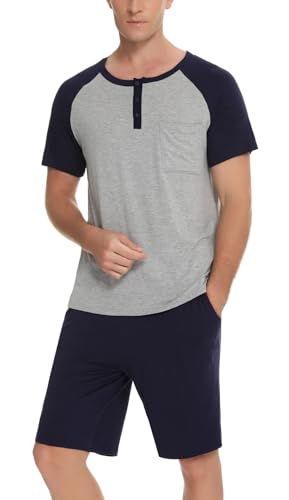Enjoyoself Men's Summer Cotton Pyjama Sets Short Sleeve Comfy Loungewear Sleepwear with Pockets