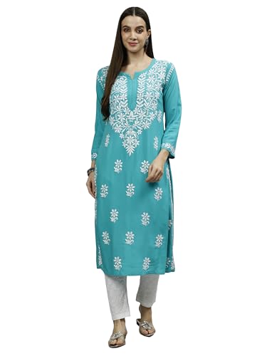 Image of Seva Chikan Hand Embroidered Lucknowi Chikankari Rayon Straight Kurta for Women SCL4532