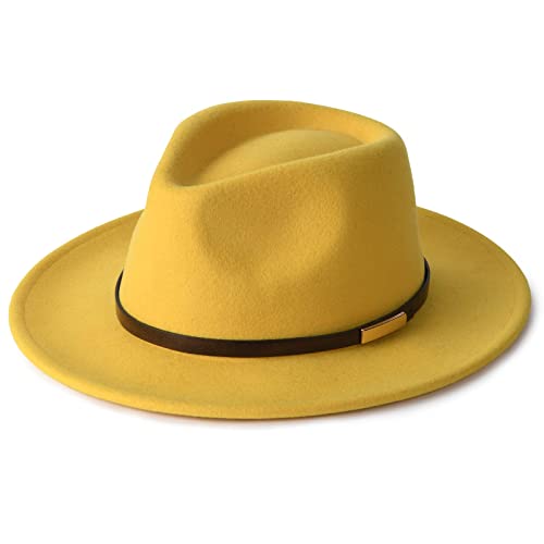 Furtalk Fedora Hats For Men Women 100% Australian Wool Felt Wide Brim Hat Leather Belt Crushable Packable Lemon Yellow #TOP11