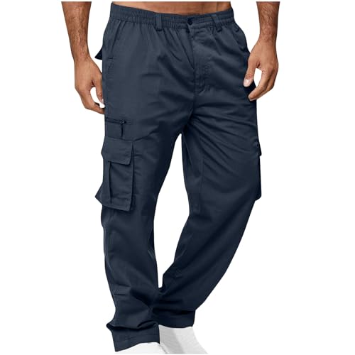 Men's Button Zipper Cargo Pants Lightweight Straight Leg Trousers Solid Loose Outdoor Fitness Pants with Pockets
