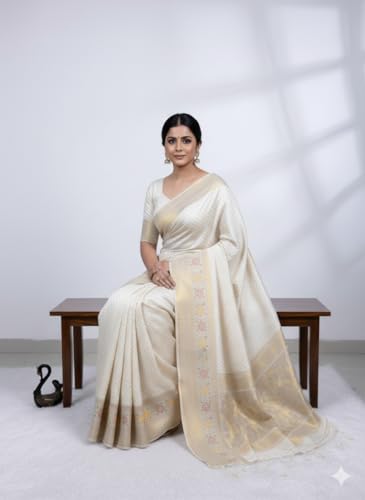 Image of Kanjivaram Silk Saree for Women - Handloom Floral Weaving, Contrast Border, Heavy Gold Zari Rich Pallu, Traditional Designer Wedding & Festive Saree with Blouse Piece