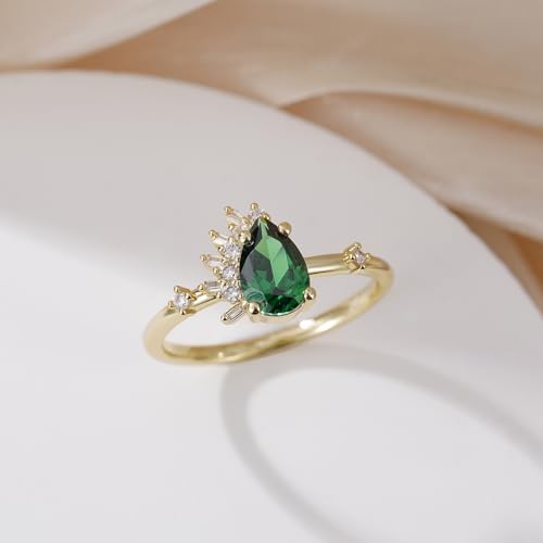 14K Gold Plated 1CT Engagement Rings for Women Pear Cut Green Created Emerald CZ Wedding Promise Rings for Her Size 5-103