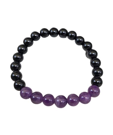 LYGBAOFUL Natürliches schwarzes Turmalin-Amethyst-Armband, Schwarze Glatte Perlen, elastisches Armband, Geschenk für Männer und Frauen