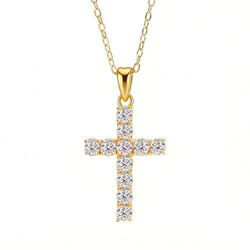 SZJINYU 3mm Moissanite Cross Necklace 316L Stainless Steel Simulated Diamond Pendant Gold Necklaces Christian Religious Jewelry Gifts for Women Mother Wife (Gold 40+5CM)