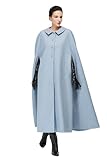 BEAUZSUZSANA Women Wool Blend Single-Breasted Cape Coat Vintage Jacket Outwear with Pockets for Fall Winter (Blue,L)