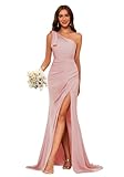 Miao Duo Dusty Rose Ruched Satin Bridesmaid Dresses 2024 Long with Bow One Shoulder Mermaid Split Evening Dresses for Women 8
