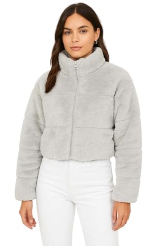 Image of KOTTY Women's Coral Fabric Winter Grey Jacket - Ultra-Soft Warm Wear with Plush Texture and Premium Comfort Fit