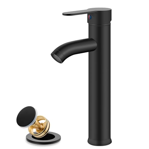 gotonovo Vessel Sink Faucet Single Handle Tall Bathroom Faucet 1 Hole Deck Mount Lavatory Vanity Modern Mixer Tap with Water Supply Lines and Metal Pop Up Drain, Matte Black
