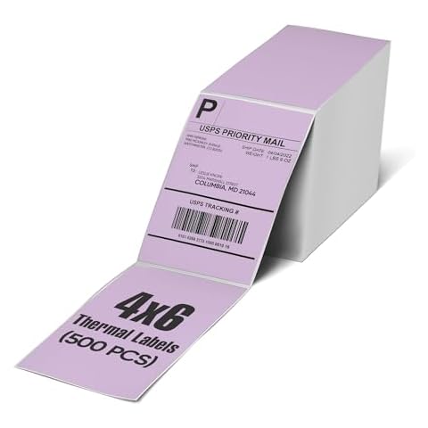 Package Mint Purple Fanfold 4x6 Thermal Labels - 4x6 Inches Waterproof Shipping Thermal Printer Labels - Perforated Postage Thermal Printable Labels for Rollo, 4x6 Labels Munbyn Printers (500 Sheets) Cover