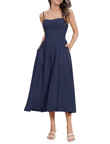 Image of ABEHIK Women Floral Corset Dress Boho Spaghetti Strap Lace Up Casual Midi Dresses with Pockets Low Cut Flowy Bustier Sundress