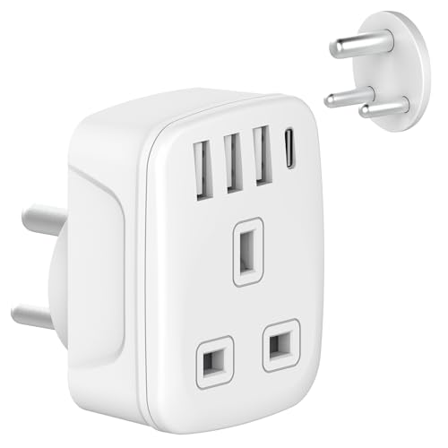 Amoi UK to India Plug Adapter India to UK Plug Adapter Sri Lanka Plug Adapter - 4 USB Ports 17W USB C Fast Travel Charger Grounded For India Pakistan Sri Lanka Yemen (Type D)