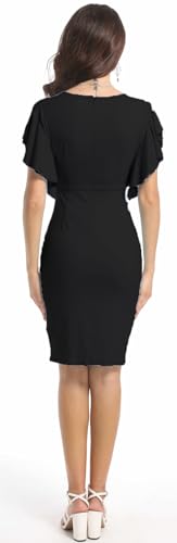 Women's Fashion Church Ruffle Sleeve Ruched Vintage Work Midi Pencil Dress3