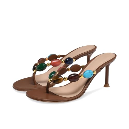 Flip Flop Kitten Heels Jeweled Strappy Thong Heeled Sandals Round Open Toe Slip On Cute Mules Sandals for Women Dressy Wedding Party Prom Brown Size 7