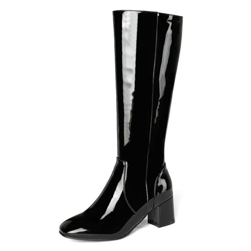 ANUFER Femmes Cuir Verni Haut du Genou Gogo Bottes Talon épais Fermeture éclair Latérale Disco Bottes Noir SD5A40730 EU38