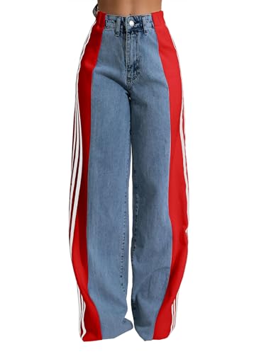 Conshvi Womens Baggy Wide Leg Jeans High Waisted Patchwork Jeans Stretchy Stripes Straight Leg Denim Pants2