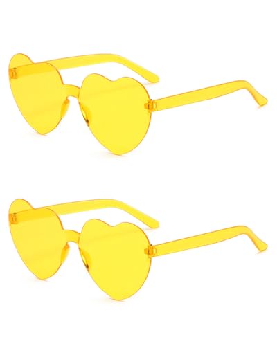 JUKOTA 2 Stück herzförmige Sonnenbrille, mehrfarbig, randlos, herzförmig, modisch, Herz, übergroße modische Sonnenbrille, Brillen für Damen, Gelb