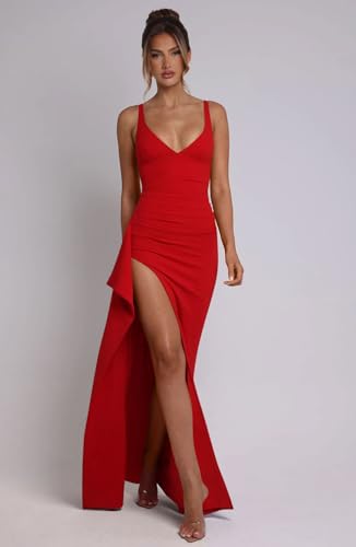 Image of Memoriesea Women's Sexy Plunge Neckline Bodycon Ruched High Slit Party Maxi Dress